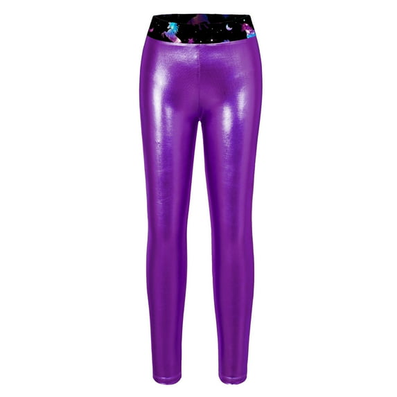 YONGHS Girls' Metallic Shiny Stretch Leggings Yoga Pants Gymnastics Dance Athletic Tights Trosuers Purple 14