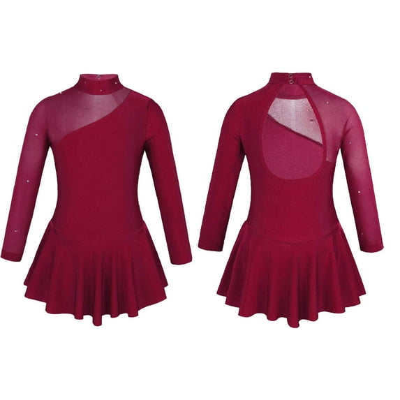 YONGHS Girls Mock Neck Figure Ice Skating Dress Gymnastic Leotard Ballet Dance Skirt 4-14 Burgundy 10
