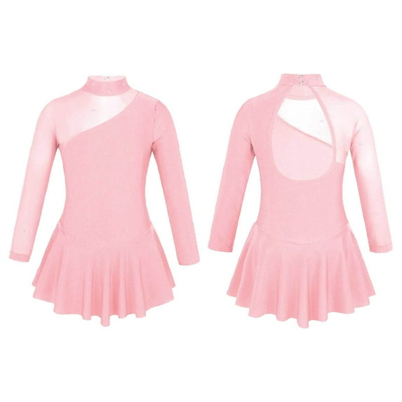 YONGHS Girls Mock Neck Figure Ice Skating Dress Gymnastic Leotard Ballet Dance Skirt 4-14 Pearl Pink 14
