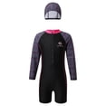 thumbnail image 1 of YONGHS Girls One Piece Zipper Swimwear Jumpsuit with Hat Sun Protection Summer Beach Swimsuit Plaid Black 9-10, 1 of 7