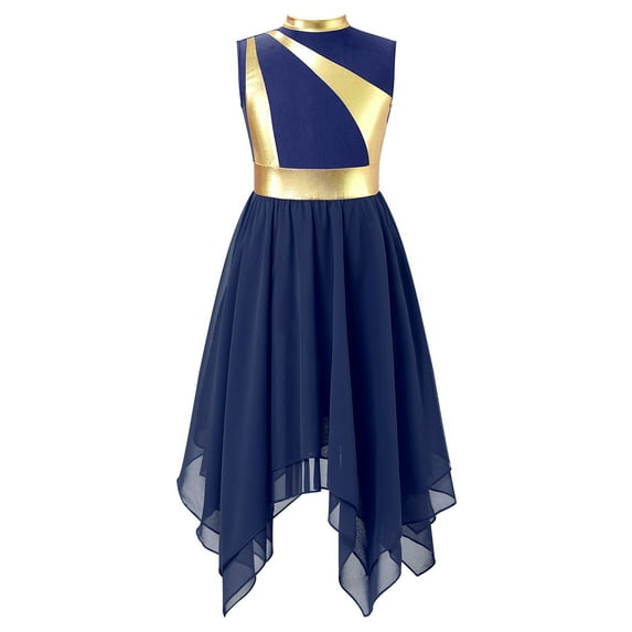 YONGHS Girls Praise Lyrical Dance Dress Sleeveless Asymmetrical Liturgical Worship Dancewear Performance Costume Navy Blue 10