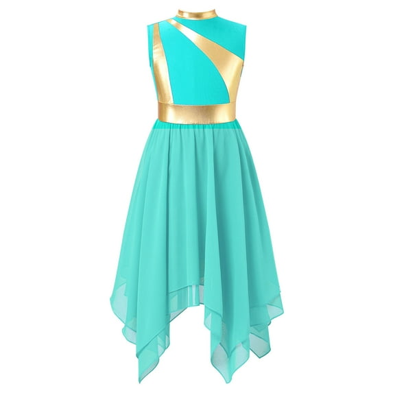 YONGHS Girls Praise Lyrical Dance Dress Sleeveless Asymmetrical Liturgical Worship Dancewear Performance Costume Turquoise 12