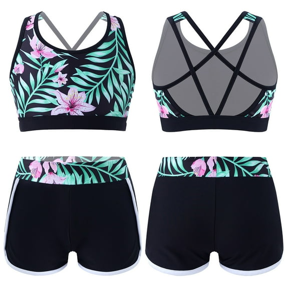 YONGHS Girls Rash Guard Swimwear Crisis Cross Tank Top with Shorts 2 Piece Gymnastics Sports Outfits Black Lily 8