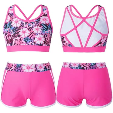 YONGHS Girls Rash Guard Swimwear Crisis Cross Tank Top with Shorts 2 Piece Gymnastics Sports Outfits Rose Red 12