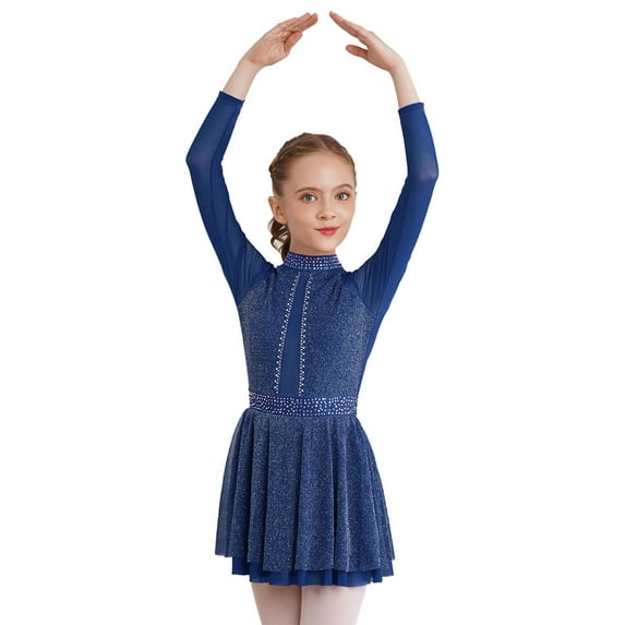 YONGHS Girls Rhinestones Long Sleeve Figure Ice Skating Leotard Dress Ballet Dance Costume Navy Blue 6