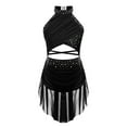 thumbnail image 1 of YONGHS Girls Rhinestones Lyrical Dance Dress Cutout Strappy Sleeveless Ruched Mesh Overlay Leotard Black 12, 1 of 5