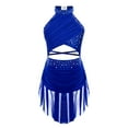 thumbnail image 1 of YONGHS Girls Rhinestones Lyrical Dance Dress Cutout Strappy Sleeveless Ruched Mesh Overlay Leotard Blue 8, 1 of 5