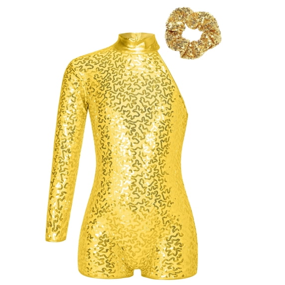 YONGHS Girls Sequined Single Sleeve Gymnastics Dance Leotards Sparkly Unitards with Hairband Gold 8
