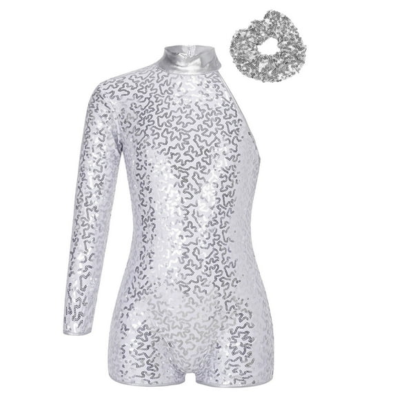 YONGHS Girls Sequined Single Sleeve Gymnastics Dance Leotards Sparkly Unitards with Hairband Silver 12