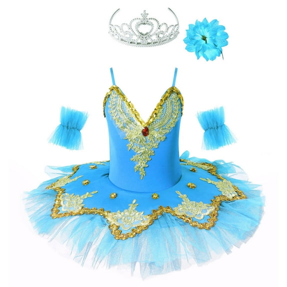 YONGHS Girls Sequins Ballet Dance Tutu Dress Skirted Leotard Swan Ballerina Performance Costume Light Blue 8