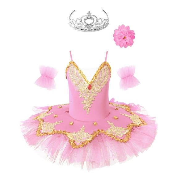 YONGHS Girls Sequins Ballet Dance Tutu Dress Skirted Leotard Swan Ballerina Performance Costume Pink 12