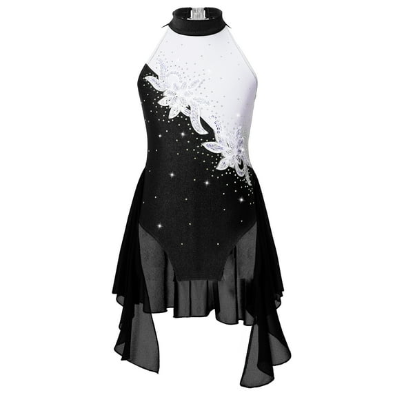 YONGHS Girls Sequins Floral Print Lyrical Ballet Dance Dress Gymnastics Ice Skating Skirted Leotard Black 14