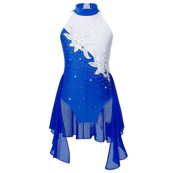 YONGHS Girls Sequins Floral Print Lyrical Ballet Dance Dress Gymnastics Ice Skating Skirted Leotard Royal Blue 12