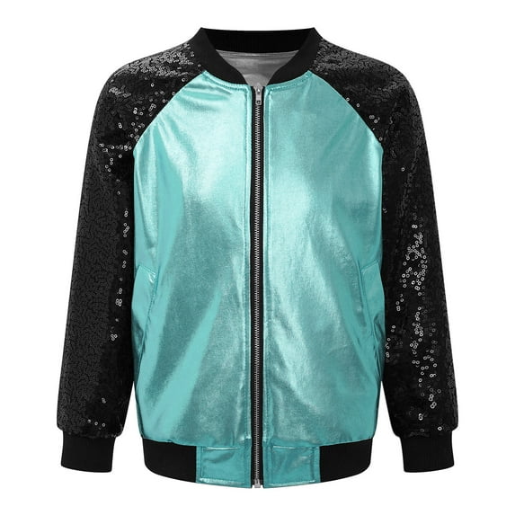 YONGHS Girls Sequins Metallic Zip Up Bomber Jacket Shiny Flight Jacket Coat 70's Disco Costume Clubwear Lake Blue 10