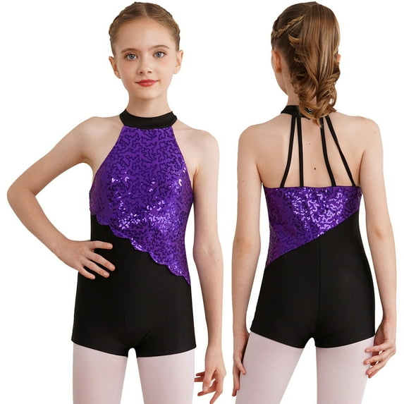 YONGHS Girls Sequins Strappy Back Gymnastics Dance Leotard Figure Skating Jumpsuit Biketard Purple 6