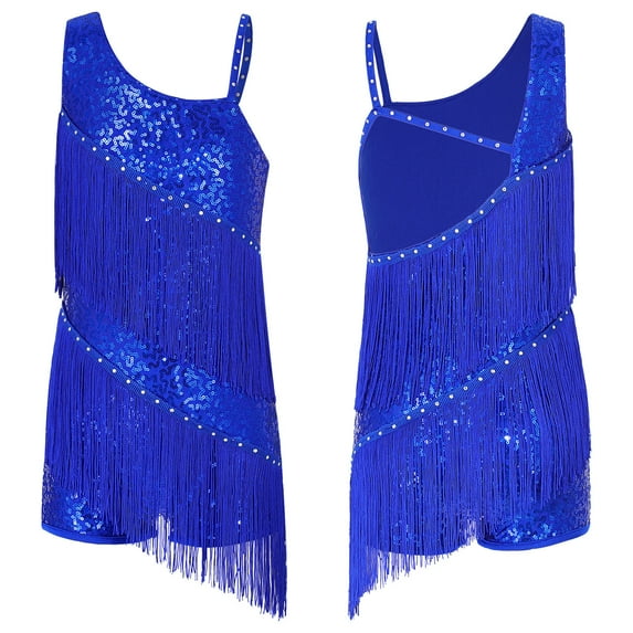 YONGHS Girls Sequins Tassel Latin Samba Dance Dress Ballroom Dancewear Costume Dancing Outfits Royal Blue 12