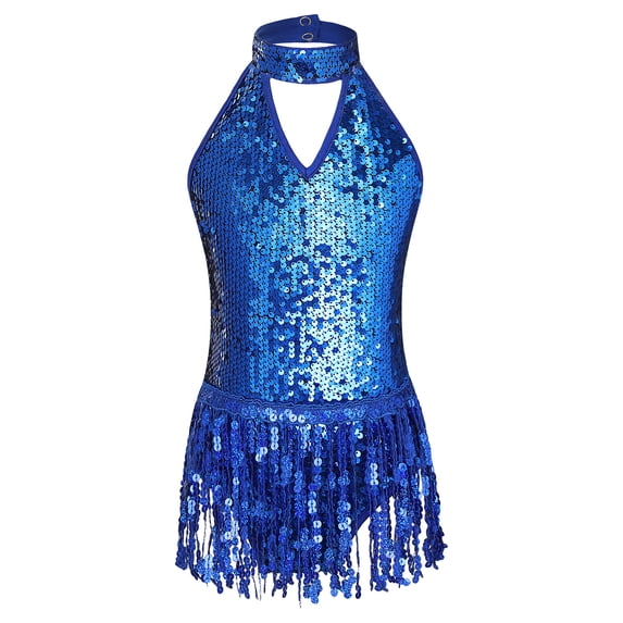 YONGHS Girls Sequins Tassel Tango Latin Dance Dress Competition Ballroom Samba Rumba Dancewear Royal Blue 16