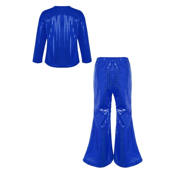 YONGHS Girls Shiny Dots Dance Crop Top Shirts with Bell Bottoms Pants Set Competition Party Costume Royal Blue 4-5