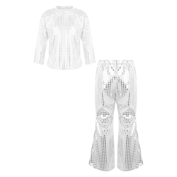 YONGHS Girls Shiny Dots Dance Crop Top Shirts with Bell Bottoms Pants Set Competition Party Costume Silver 7-8