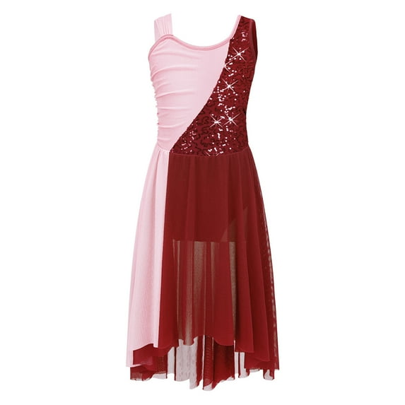 YONGHS Girls Shiny Lyrical Ballet Modern Dance Dress Chiffon Skirted Leotard Ballroom Dancewear Burgundy 10