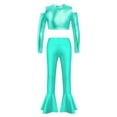 thumbnail image 1 of YONGHS Girls Shiny Metallic Jazz Hip Hop Street Modern Outfit Long Sleeve Crop Top with Flared Pants Lake Green 8, 1 of 5