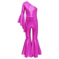 thumbnail image 1 of YONGHS Girls Shiny Metallic One Shoulder Flare Sleeve Wide Leg Bell Bottom Gymnastics Jumpsuit Hot Pink 6, 1 of 5