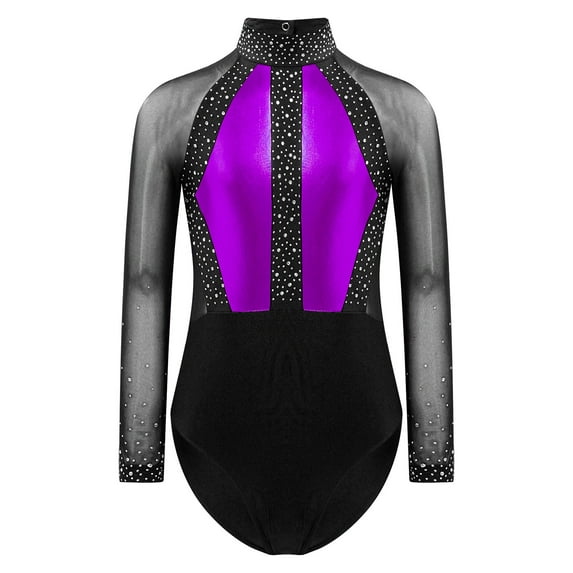YONGHS Girls Shiny Rhinestone Mesh Splice Leotards Gymnastics One-Piece Bodysuit Dancewear Purple 16