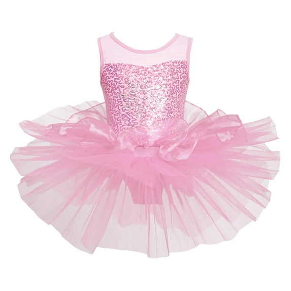 YONGHS Girls Shiny Sequins Sleeveless Ballet Leotard Tutu Dress Skirt Ballerina Princess Costume Pink 12