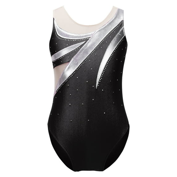 YONGHS Girls Sleeveless Gymnastics Leotard Shiny Rhinestone Ballet Dance Athletic Bodysuit Shirt Top Black 14