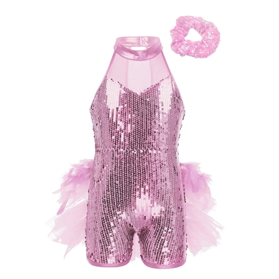 YONGHS Girls Sleeveless Jazz Latin Dance Costume Kids Sequins Modern Ballet Dance Dress Leotard Pink 6