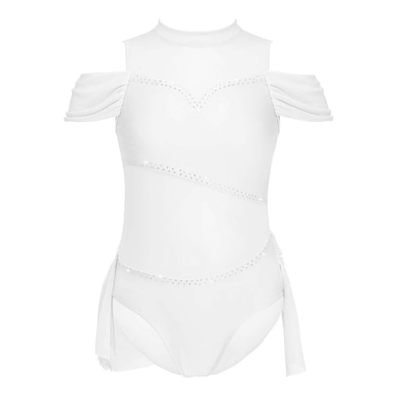 YONGHS Girls Sleeveless Mesh Splice Ballet Lyrical Dance Leotard Gymnastic Bodysuit Ballerina Costume White 14