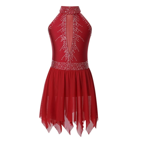 YONGHS Girls Sleeveless Shiny Rhinestone Gymnastic Leotard Ballet Dance Figure Ice Skating Dress Burgundy 12