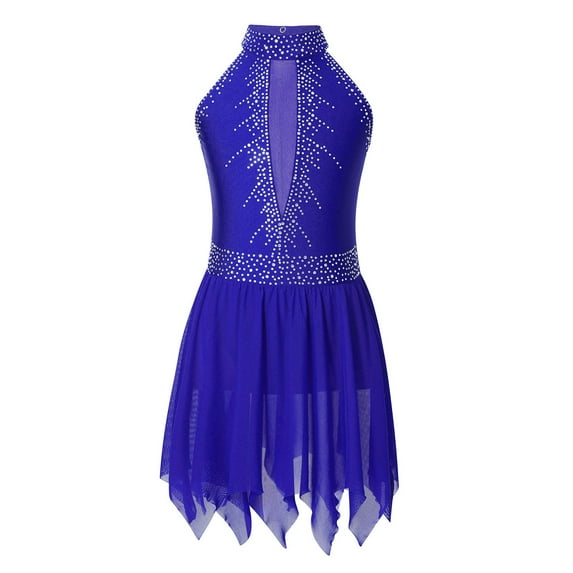 YONGHS Girls Sleeveless Shiny Rhinestone Gymnastic Leotard Ballet Dance Figure Ice Skating Dress Royal Blue 14