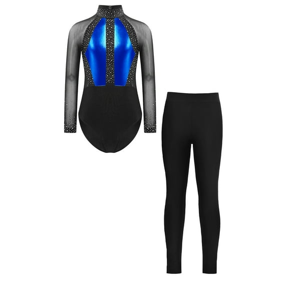 YONGHS Girls Sparkle 2Pcs Dance Outfits Sheer Mesh Long Sleeve Gymnastics Leotards with Leggings Blue 8