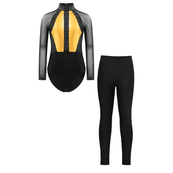 YONGHS Girls Sparkle 2Pcs Dance Outfits Sheer Mesh Long Sleeve Gymnastics Leotards with Leggings Gold 14