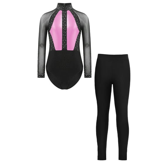 YONGHS Girls Sparkle 2Pcs Dance Outfits Sheer Mesh Long Sleeve Gymnastics Leotards with Leggings Pink 8