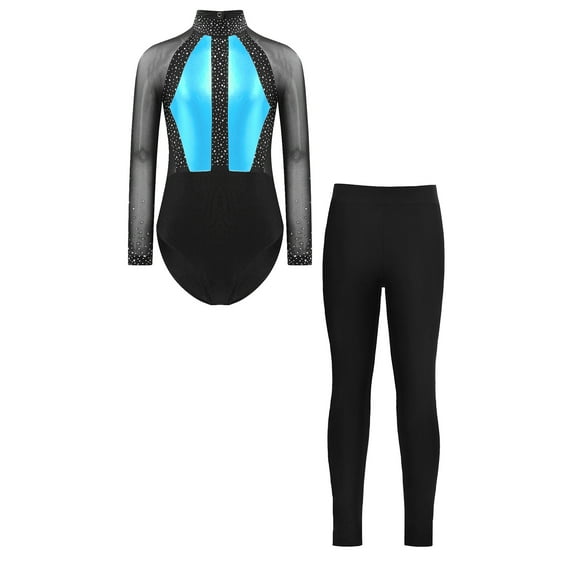 YONGHS Girls Sparkle 2Pcs Dance Outfits Sheer Mesh Long Sleeve Gymnastics Leotards with Leggings Sky Blue 6