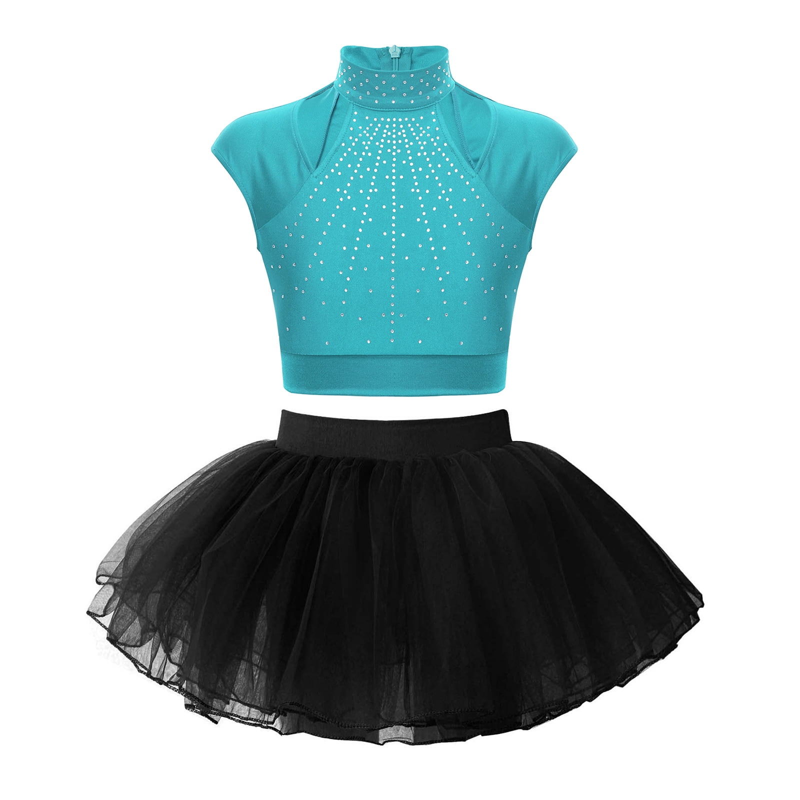 YONGHS Girls Sparkle Dance Costume Sleeveless Crop Top with Ballet Tutu