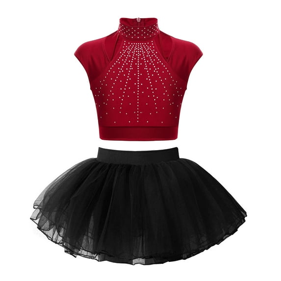 YONGHS Girls Sparkle Dance Costume Sleeveless Crop Top with Ballet Tutu Skirt Kids 2 Piece Outfits Burgundy&Black 12
