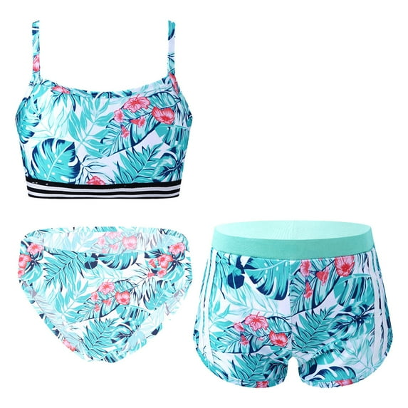YONGHS Girls Swimsuits 3 Piece Tankini Bathing Suit Set Teen Print Bikini Swimwear with Swim Shorts Leaf 14