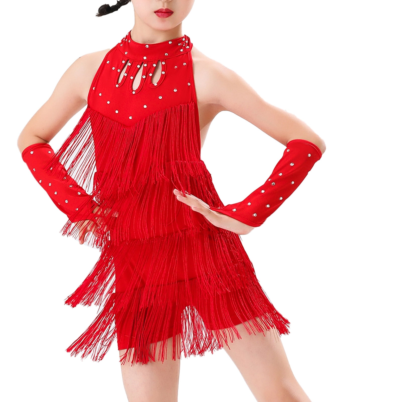 Vestito Di Danza Latina Per Bambine Con Frange - Senza Maniche Per Samba Tango