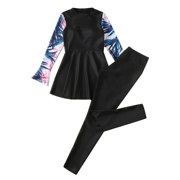 YONGHS Girls Water Sports Swimwear Long Sleeve Flare Cuffs Top Dress with Pants Rashguard Swimsuit Black 11-12