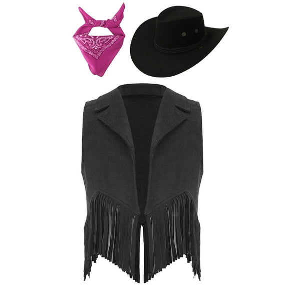 YONGHS Girls Western Cowboy Costume Kids Open Front Vest Waistcoat Halloween Cowgirl Outfit Black 8