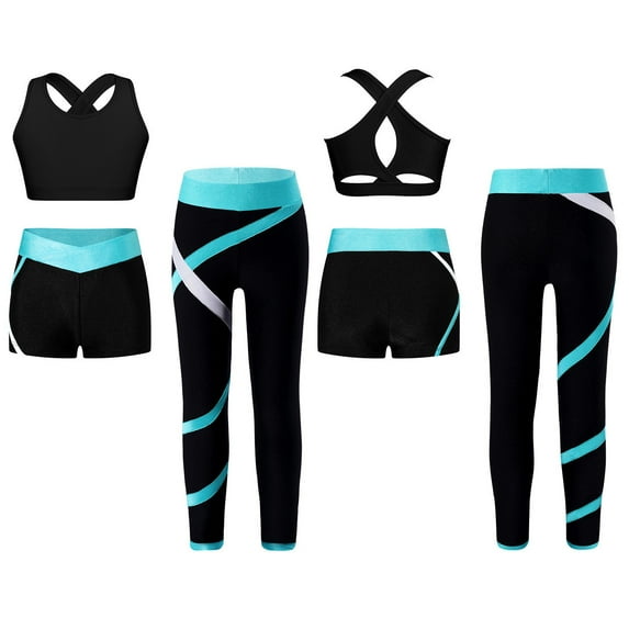 YONGHS Gymnastic Yoga Dance Outfit Tracksuit Cutout Back Crop Top with Shorts Pants 3 Pcs Set Blue Green 6