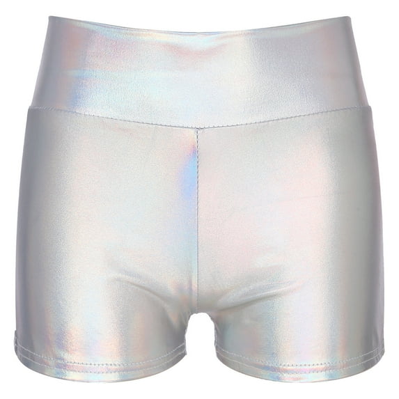 YONGHS Gymnastics Booty Shorts for Women Shiny Metallic Biker Dance Yoga Cheer Athletic Hot Pants Silver B XL