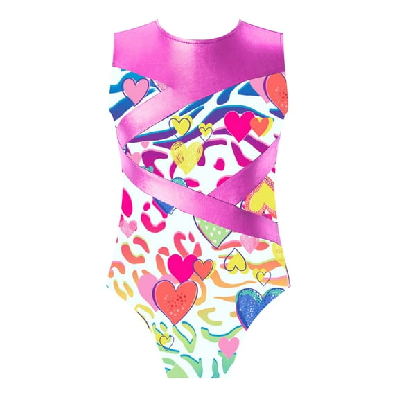 YONGHS Gymnastics Leotard for Girls Kids Printed Athletic Unitard Workout Ballet Tumbling Dance Tops Hot Pink 4