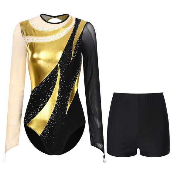 YONGHS Gymnastics Leotards for Women Metallic Long Sleeve Dance Leotard Shiny Bodysuit with Shorts Gold M