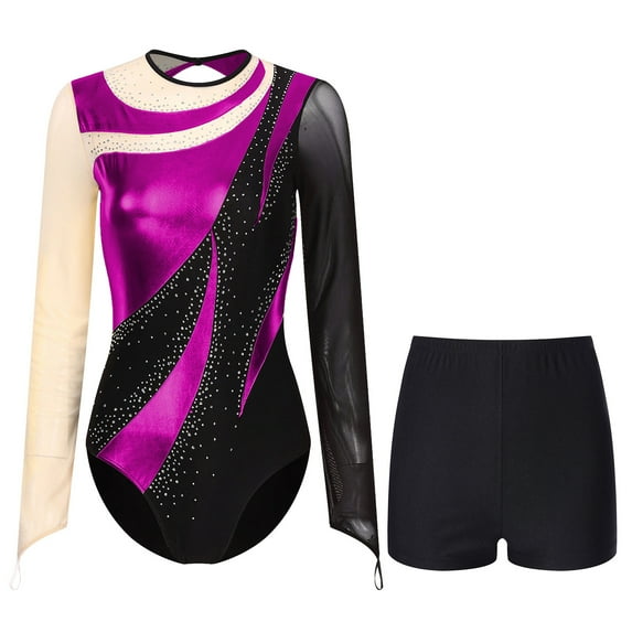 YONGHS Gymnastics Leotards for Women Metallic Long Sleeve Dance Leotard Shiny Bodysuit with Shorts Hot Pink XL