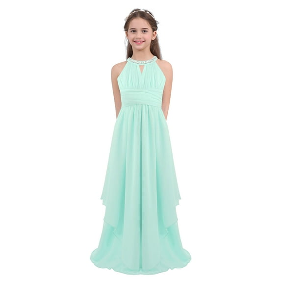 YONGHS Halter Chiffon Flower Girl Dress Junior Wedding Party Bridesmaid Ball Prom Maxi Gown Mint Green 14