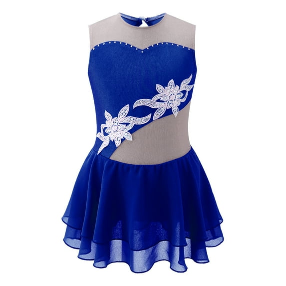 YONGHS Ice Skating Dress for Girls Kids Sleeveless Shiny Mesh Splice Tutu Skirted Leotard Ballet Dance Wear Royal Blue 12
